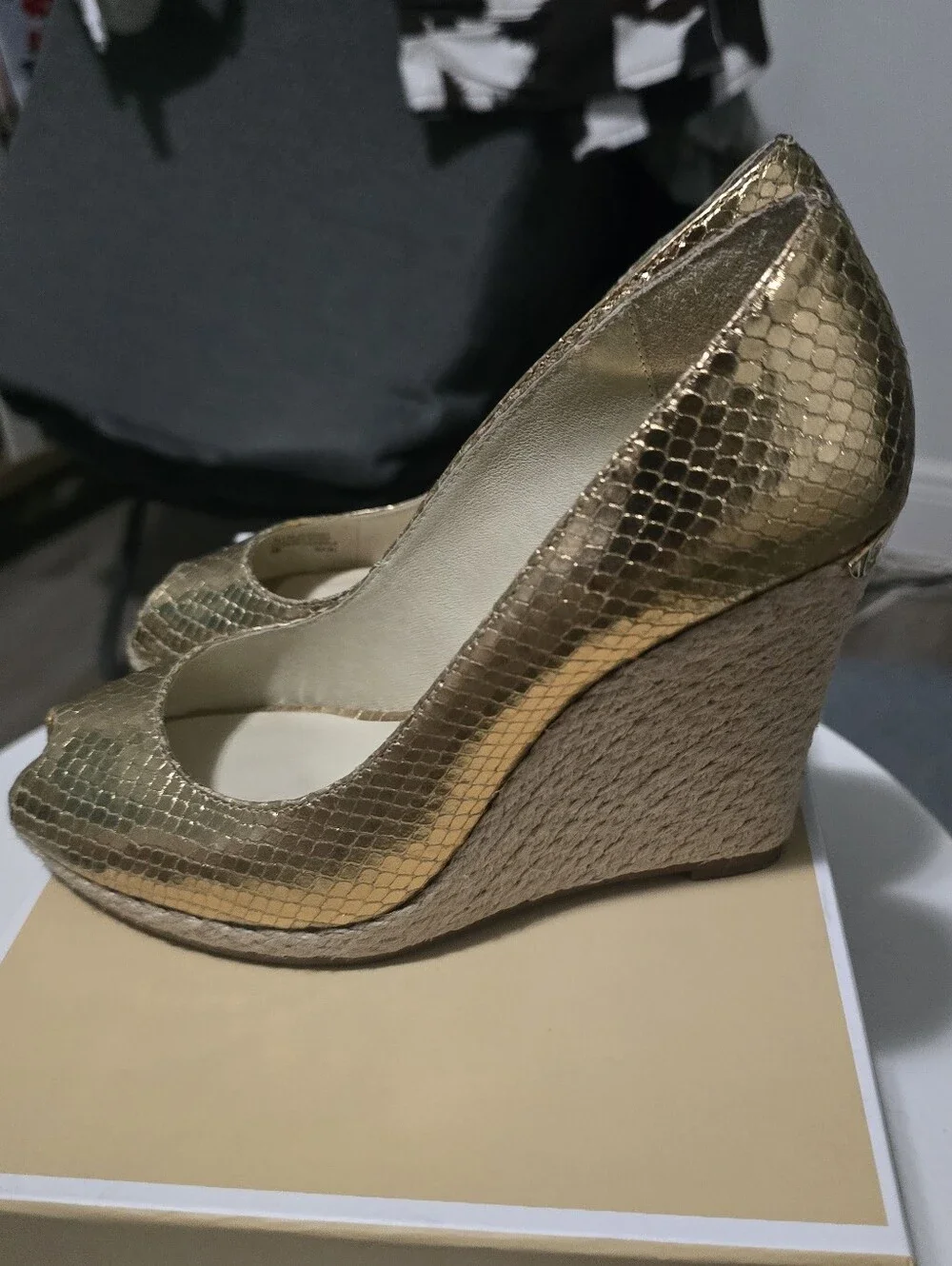 Michael Kors Metallic Gold Peep-Toe Wedge Espadrilles